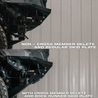Composite photo showing a comparison of the non-crossmember skid versus the C4 crossmember delete skid.