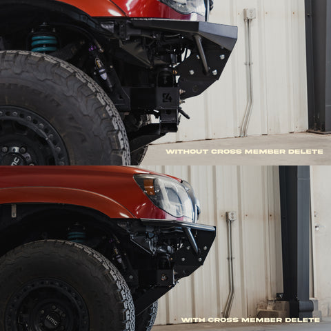 Comparison of before and after of the C4 front crossmember delete for the Rock Runner front skid plate showing the drastic change in approach angle that results.