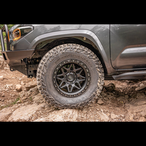 Side view of the High Clearance Fender Liner kit showing the resulting trimmed fender and clearance sufficient to fit a 35" tire.