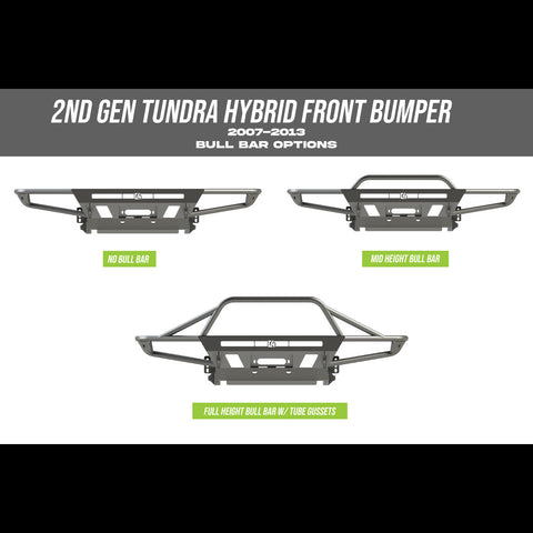 Collection of digital renderings showing the three bull bar variants available for the Hybrid Tundra bumper – no bull bar, mid-height bull bar and full-height bull bar with tube gussets. 