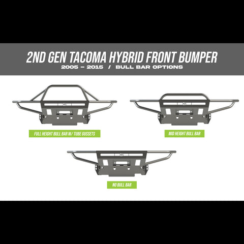 Collection of digital renders showing the three bull bar options for the Tacoma Hybrid bumper – no bull bar, mid-height bull bar and full-height bull bar with tube gussets. 