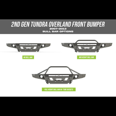 Collection of digital renderings showing the three available bull bar variants for the C4 Overland bumper for Tundras – no bull bar, mid-height bull bar and full-height bull bar with tube gussets. 