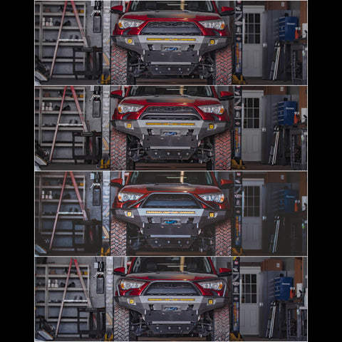 Composite image showing actual photos of the four bull bar heights available for the C4 Overland bumper, all shown from directly in front of the vehicle.