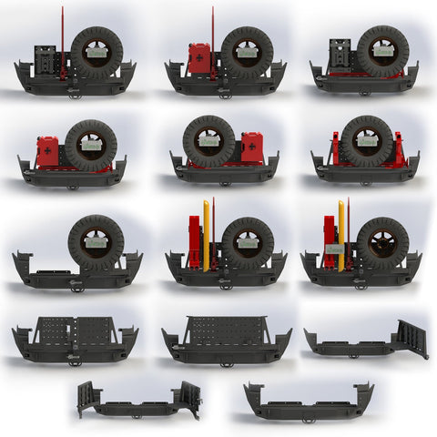 Collection of thirteen digital renderings showing a number of the different configurations that the C4 Fabrications rear bumper for the 5th Generation 4Runner can be set up with.