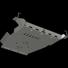 Digital rendering showing the complete rear skid plate kit from C4 including the articulated weld nut brackets that allow installers to bolt in the rear transfer case skid crossmember.