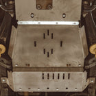 View from the bottom showing the transmission and transfer case skids along with the transfer case skid crossmember. 