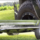Composite of two views of the C4 Fabrications rock sliders – one from the side and one looking down the rocker panel from the front. 