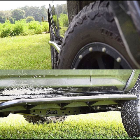 Composite of two views of the C4 Fabrications rock sliders – one from the side and one looking down the rocker panel from the front. 
