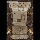 Bottom view of the Non-KDSS skid plates set for the 5th Generation 4Runner with overlaid text showing that the front access hole is for the oil filter while the rear access panel is for the oil drain. Also delineated is the front skid plate, the transmission skid plate and the transfer case skid plate.