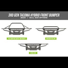 Three digital renderings showing the three bull bar options for the C4 Hybrid winch bumper – no bull bar, mid-height bull bar and full-height bull bar with tube gussets.