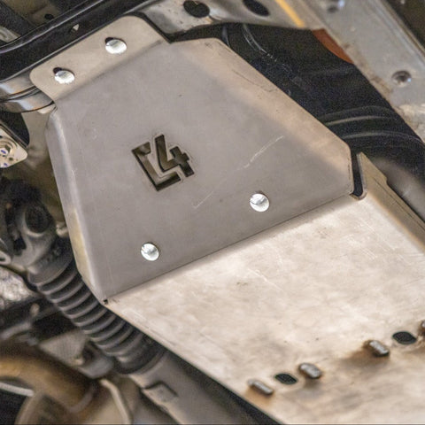 Close up view of the slanted leading edge of the C4 fuel tank skid for the 2nd Gen Tacoma.