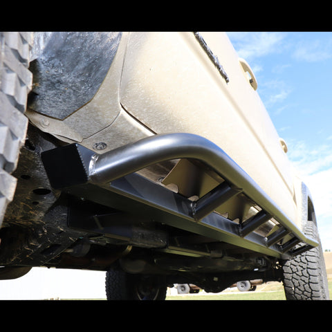 View from underneath a set of C4 Sliders showing the construction around a main square tube and the many reinforcing spars that link the outer slider tube to the main body of the slider.