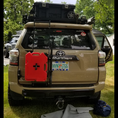 Rear view showing placement of the RotopaX fuel container when mounted to the C4 Summit hatch ladder with the C4 mount.