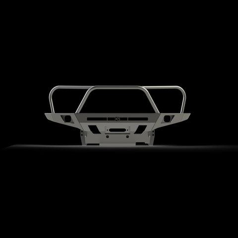 Digital rendering of the C4 Fabrications Overland bumper for the Tacoma showing the full-height bull bar and headlight hoops. 