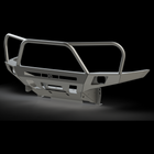 Quartering view of a C4 Overland bumper with three hoop bull bar shown as a digital rendering.