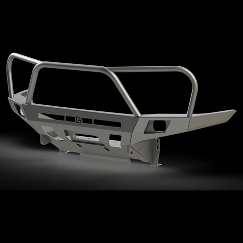 Quartering view of a C4 Overland bumper with three hoop bull bar shown as a digital rendering.