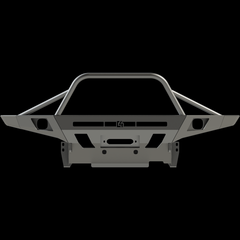 Straight-on view of the C4 Overland bumper with full-height bull bar with tube gussets shown via digital rendering.