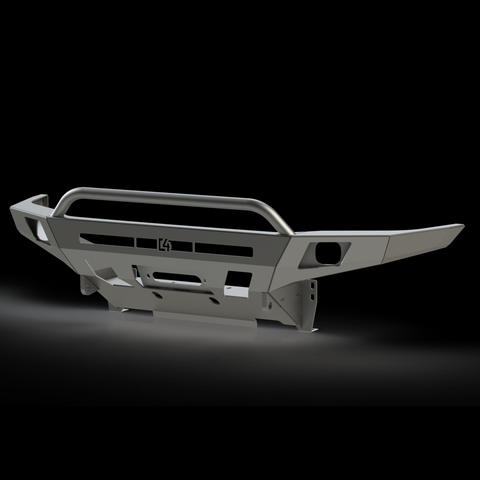 Quartering front view of a digital rendering of the C4 Overland bumper with mid-height bull bar.