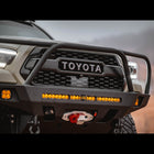 View of the full-height bull bar with headlight hoops for the Overland winch bumper from C4 Fabrication.