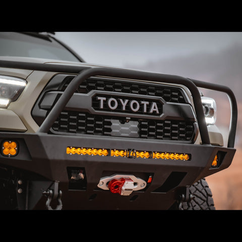 View of the full-height bull bar with headlight hoops for the Overland winch bumper from C4 Fabrication.