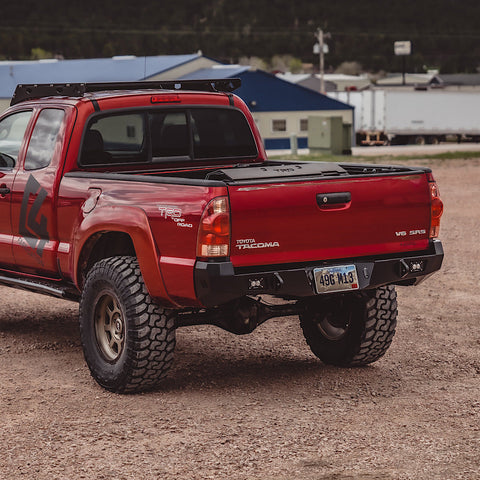 Rear quartering view of the C4 Overland rear bumper for the 2nd Gen Tacoma.