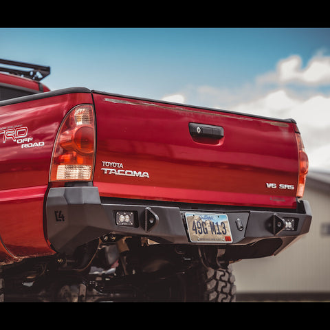 Lower angle view of the C4 Overland rear bumper for the 2nd Gen Tacoma showing the structure of the bottom surfaces of the bumper.