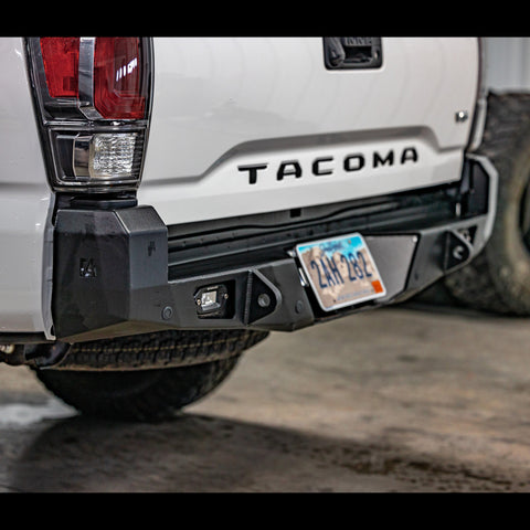 Quartering view of the C4 Overland rear bumper for the Toyota Tacoma. 