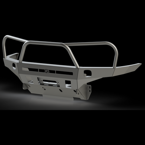 Digital rendering of the C4 Overland bumper with full-height bull bar and headlight hoops. 