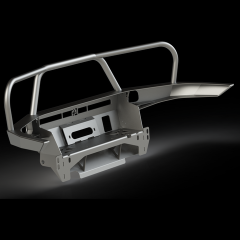 Rear view of a digital rendering of the C4 Overland bumper with full-height bull bar and headlight hoops. 