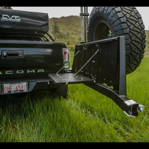 View of the included fold-down table on the C4 tire swing out.