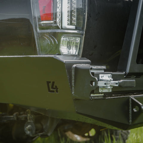 Close-up view of the C4 swing out latch fully closed and locked. 