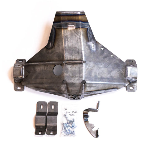 All the components of the C4 Rear Diff Skid for the 2nd Gen Tacoma laid out on a white table.