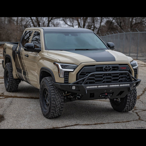 Modified 2022+ Toyota Tundra TRD Pro with a C4 Overland bumper with medium height bull bar and tube gussets. 