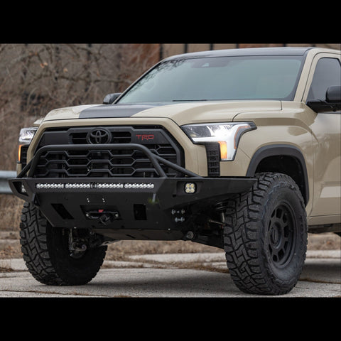 Quartering on photo of the Overland Bumper from C4 Fabrication for the 3rd Gen Toyota Tundra.