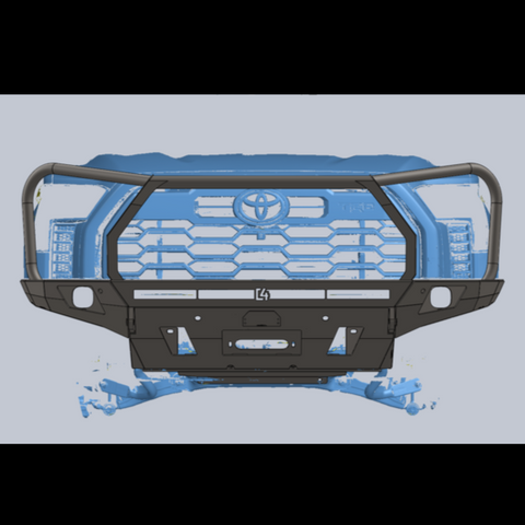 Digital rendering of the Overland bumper for the Toyota Tundra showing how the structure of the full-height bull bar mimics the lines of the factory grille surround.
