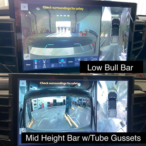 Comparison of views from the Tundra front-facing camera between the low bull bar and the mid-height bull bar for the C4 Overland front bumper.