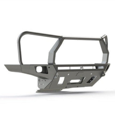 Digital rendering showing the C4 Overland front bumper with full-height bull bar and headlight hoops. 