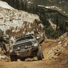 Tundra navigating a rocky mountain trail.