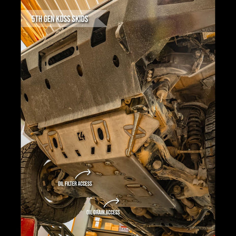 Image with overlaid text showing the location of oil filter and oil drain access on a C4 Fabrication 4Runner front skid plate.