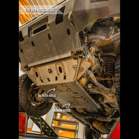 View from below on the KDSS skid plates variant, showing the access panels on it for the oil filter and oil drain.
