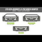 Digital renderings showing the available bull bar options for the C4 Lo-Pro winch bumper for the 5th Gen 4Runner to include no bull bar, mid-height bull bar and full-height bull bar with plate gussets. 