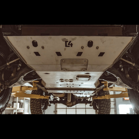 Close up view of C4 Fabrication's front skid plate on a 5th Gen 4Runner, showing its raw steel form that it ships to customers in.
