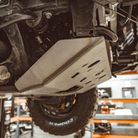 Side view of 5th Gen 4Runner front skid plate, showing the raw steel finish they ship with from C4 Fabrication.